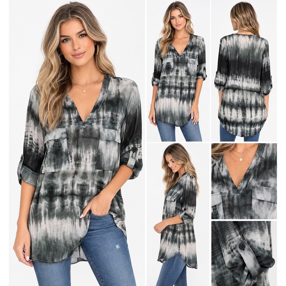 Faith and Joy Tunic Womens M Black Green White Tie Dye Roll Tab V-Neck Boho Top